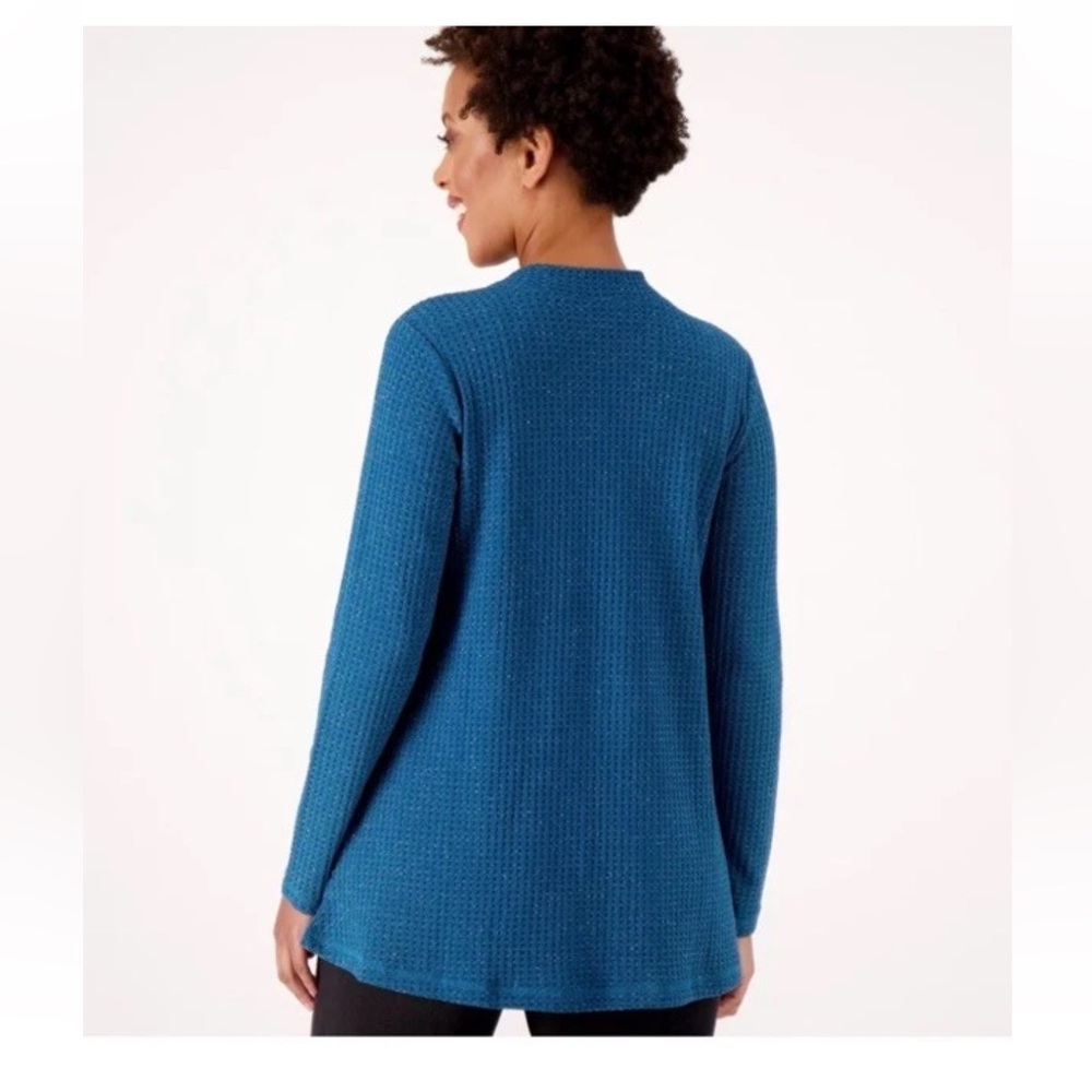 LOGO by Lori Goldstein Metallic Waffle Knit Blouse Long Sleeve top Teal L